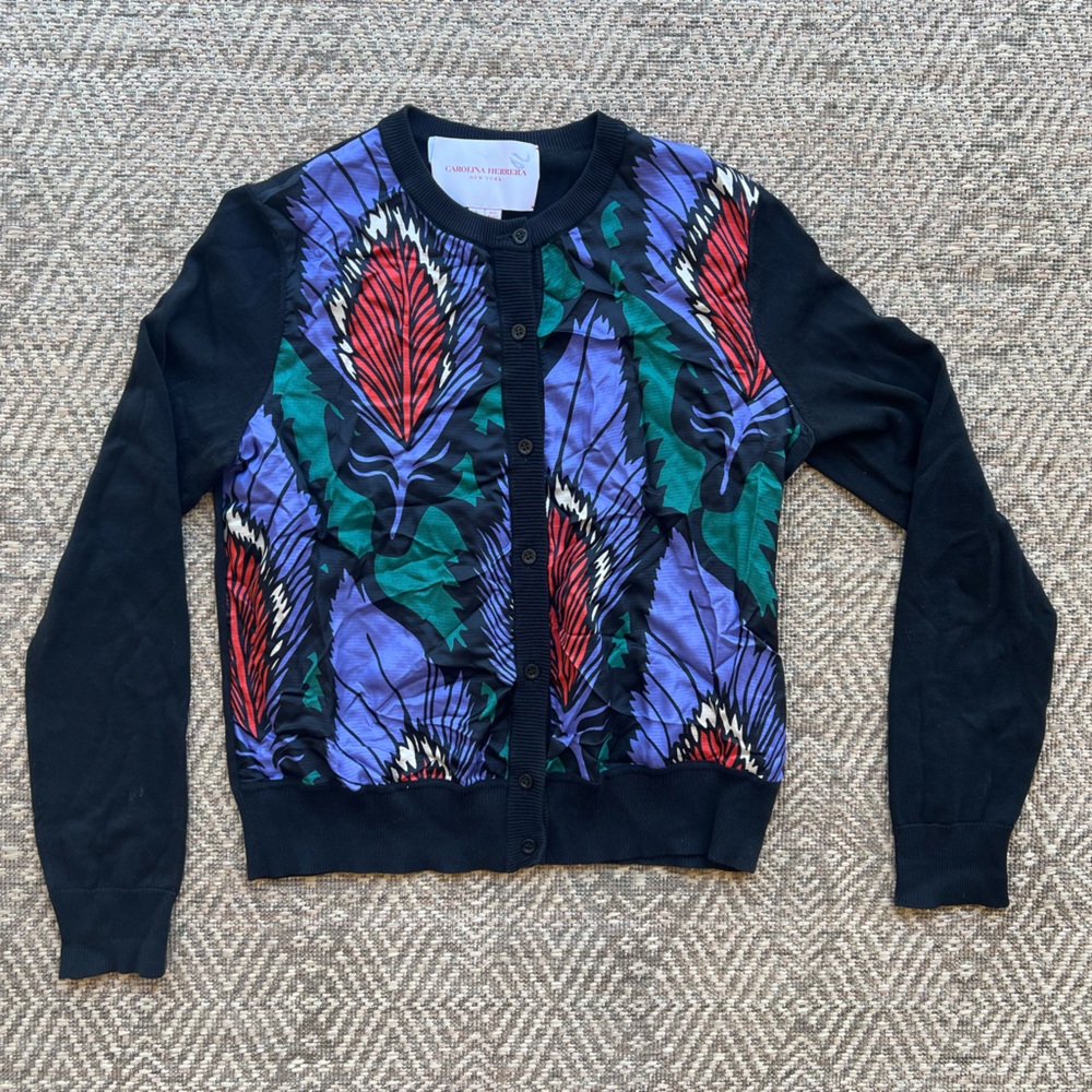 Carolina Herrera Silk Print Cardigan Sweater Italy Womens Small